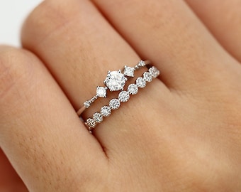 Antique Moissanite engagement ring set white gold Vintage Diamond wedding ring Dainty milgrain Half eternity bridal set Promise Anniversary