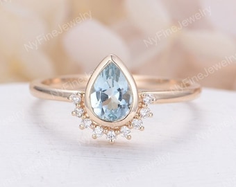 Pear shaped Aquamarine engagement ring yellow gold Unique diamond half halo wedding vintage bezel set Antique bridal Anniversary ring