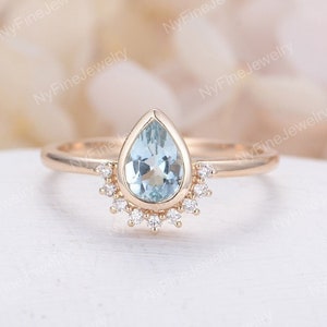 Pear shaped Aquamarine engagement ring yellow gold Unique diamond half halo wedding vintage bezel set Antique bridal Anniversary ring