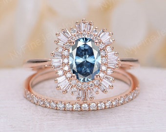 Vintage Blue-Gray Moissanite engagement ring set Art deco Rose gold ring halo diamond/CZ bridal set Oval cut Unique wedding band Anniversary