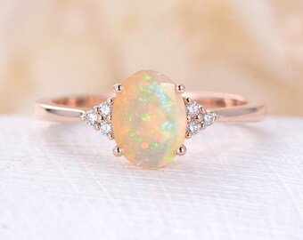 Faceted Opal engagement ring Rose gold diamond cluster ring prong vintage Unique natural opal ring wedding Bridal promise Anniversary ring
