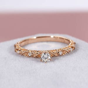 Vintage round shaped moissanite engagement ring Antique rose gold Milgrain ring Delicate Half eternity ring wedding promise Anniversary ring image 2