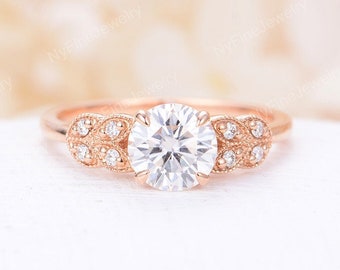 Art deco moissanite engagement ring vintage rose gold Antique Delicate Leaf Milgrain Diamond wedding ring Bridal promise Anniversary
