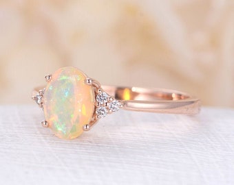 Faceted Opal engagement ring Rose gold diamond cluster ring prong vintage Unique natural opal ring wedding Bridal promise Anniversary ring