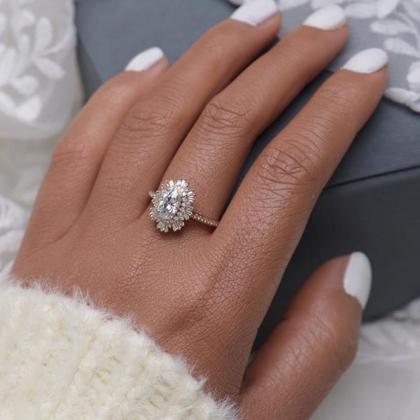Vintage moissanite engagement ring 14k rose gold diamond halo Art deco ring CZ halo engagement ring half eternity anniversary promise ring