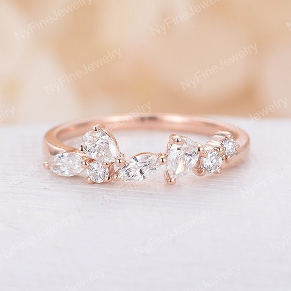 Moissanite Wedding Band Rose Gold Vintage Bridal Art Deco Unique marquise Pear shaped cluster band Stacking Matching Bridal Anniversary