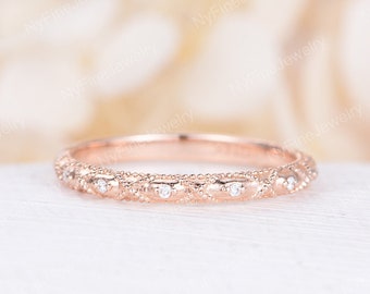 Rose gold straight wedding band vintage art deco half eternity band antique stacking matching unique milgrain bridal ring promise ring