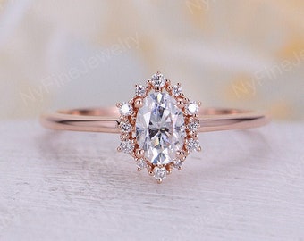 Vintage engagement ring Forever One Moissanite engagement ring rose gold oval diamond ring halo art deco ring wedding ring Anniversary ring