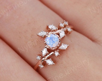 Maansteen verlovingsring Roségouden verlovingsring Diamond Cluster ring Unieke delicate bladstijl bruiloft Bruidsbelofte Verjaardag