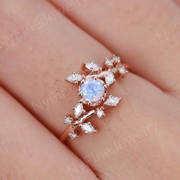 Moonstone engagement ring Rose gold engagement ring Diamond Cluster ring Unique Delicate leaf style wedding Bridal Promise Anniversary