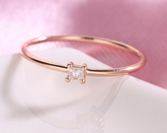 Princess cut diamond engagement ring Rose gold Minimalist ring Thin Dainty Simple band art deco solitaire simple Promise Anniversary ring