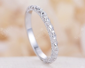 Lab-Grown Diamond Ring Wedding Band, 18K White Gold Ring, Vintage Half Eternity Band, Art Deco Milgrain Band, Bridal Rings For Women
