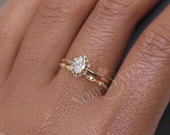 Vintage engagement ring set Oval cut Moissanite engagement ring yellow gold diamond halo wedding Bridal set Antique Anniversary ring set