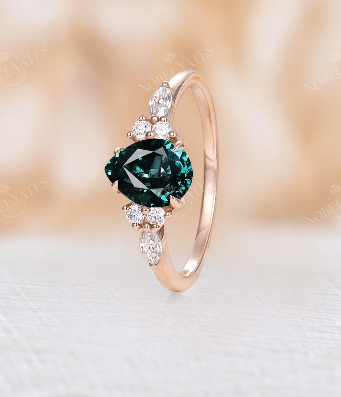 Pear Teal Sapphire Engagement Ring Vintage Rose Gold Marquise - Etsy