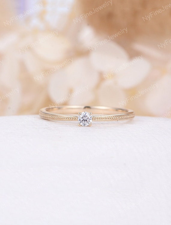 Solitaire Diamond Engagement Ring Vintage Minimalist Ring 14K
