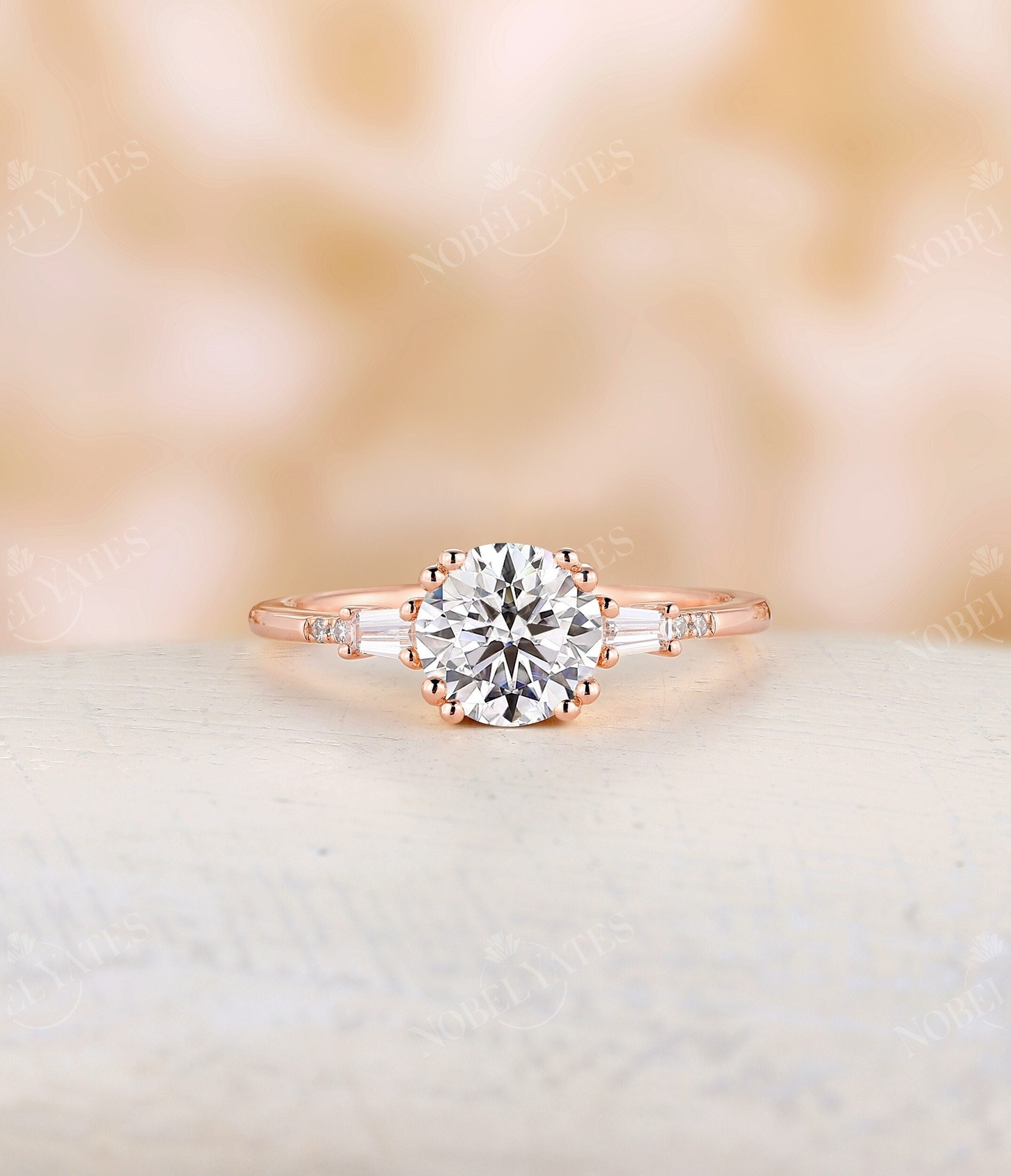 Round cut moissanite engagement ring rose gold vintage tapered baguette cut bridal ring antique double craw wedding promise anniversary ring