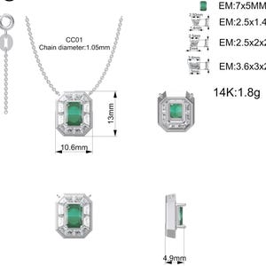 May include: A silver necklace with a rectangular emerald pendant, 13mm long and 10.6mm wide, accented with smaller white stones. The chain diameter is 1.05mm. The pendant is shown from multiple angles, with text indicating stone sizes and 14K gold, 1.8g.