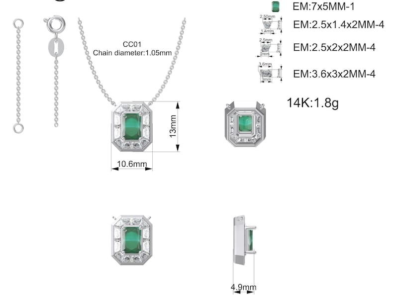 May include: A silver necklace with a rectangular emerald pendant, 13mm long and 10.6mm wide, accented with smaller white stones. The chain diameter is 1.05mm. The pendant is shown from multiple angles, with text indicating stone sizes and 14K gold, 1.8g.