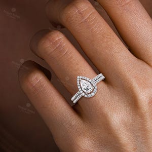 Classic Pear Cut Moissanite Engagement Ring Set, 14K White Gold Ring, Matching Open Wedding Band Set, Women's Bridal Ring Set -NyFineJewelry