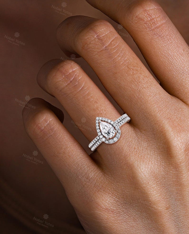 Classic Pear Cut Moissanite Engagement Ring Set, 14K White Gold Ring, Matching Open Wedding Band Set, Women's Bridal Ring Set -NyFineJewelry