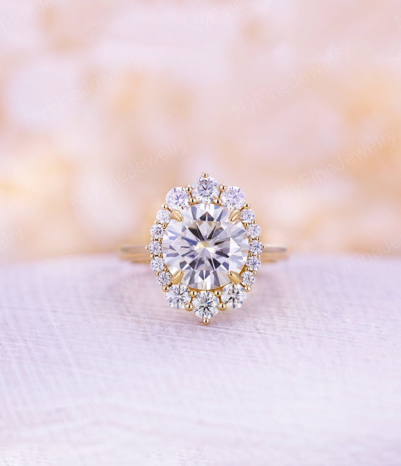 Moissanite engagement ring Vintage prong yellow gold ring diamond halo classical art deco wedding antique Unique ring Anniversary promise image 1