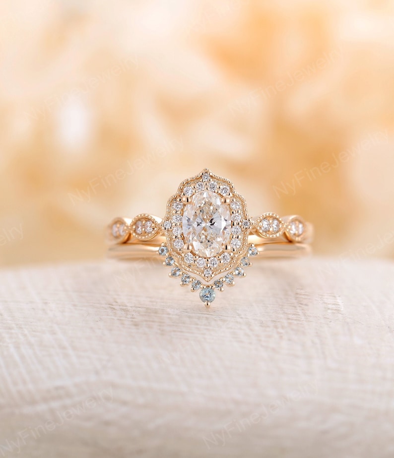 Antique Moissanite engagement ring oval cut vintage diamond halo wedding ring yellow gold half eternity bridal set unique Topaz Anniversary image 1