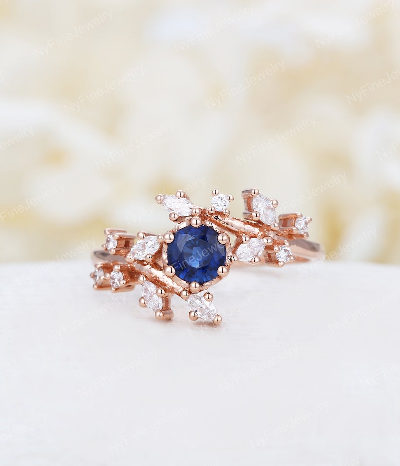 Rose gold natural sapphire engagement ring Diamond Cluster ring Unique Delicate leaf design wedding Bridal ring Promise Anniversary ring image 1