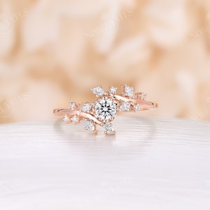 Rose gold moissanite engagement ring vintage Diamond Cluster ring prong unique leaf style wedding Bridal ring Promise Anniversary ring image 2