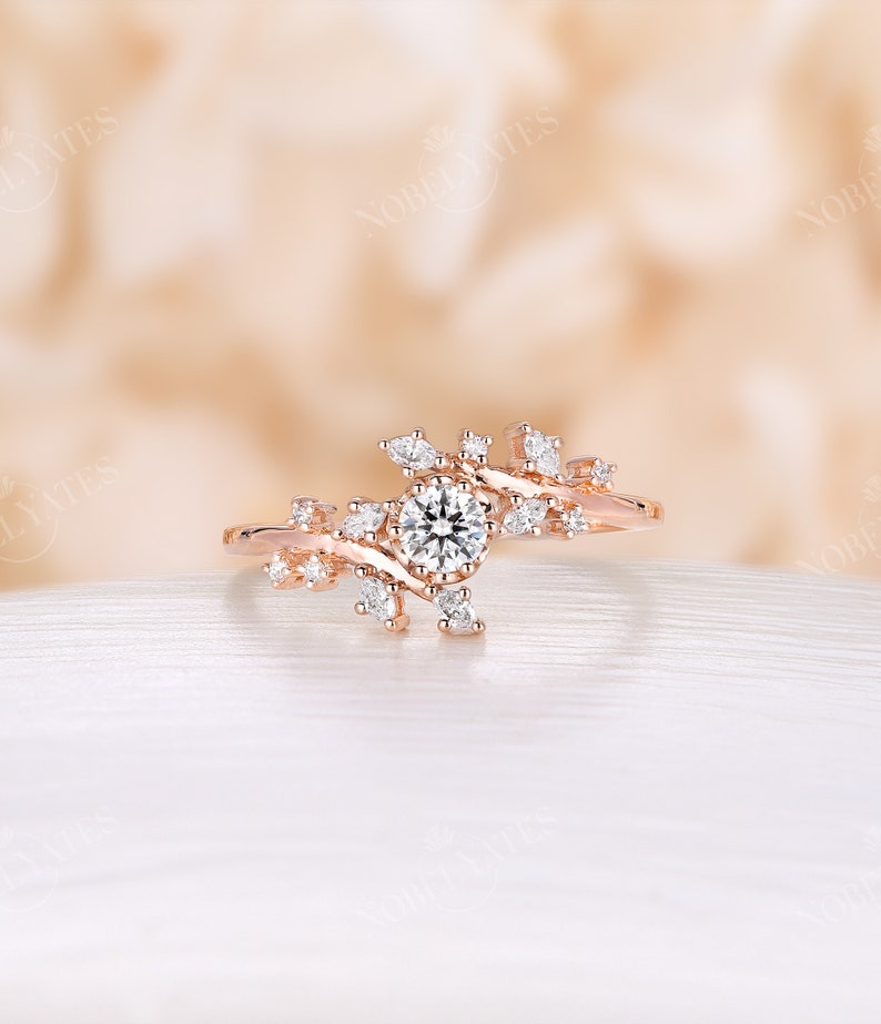 Rose gold moissanite engagement ring vintage Diamond Cluster ring prong unique leaf style wedding Bridal ring Promise Anniversary ring C&C moissanite