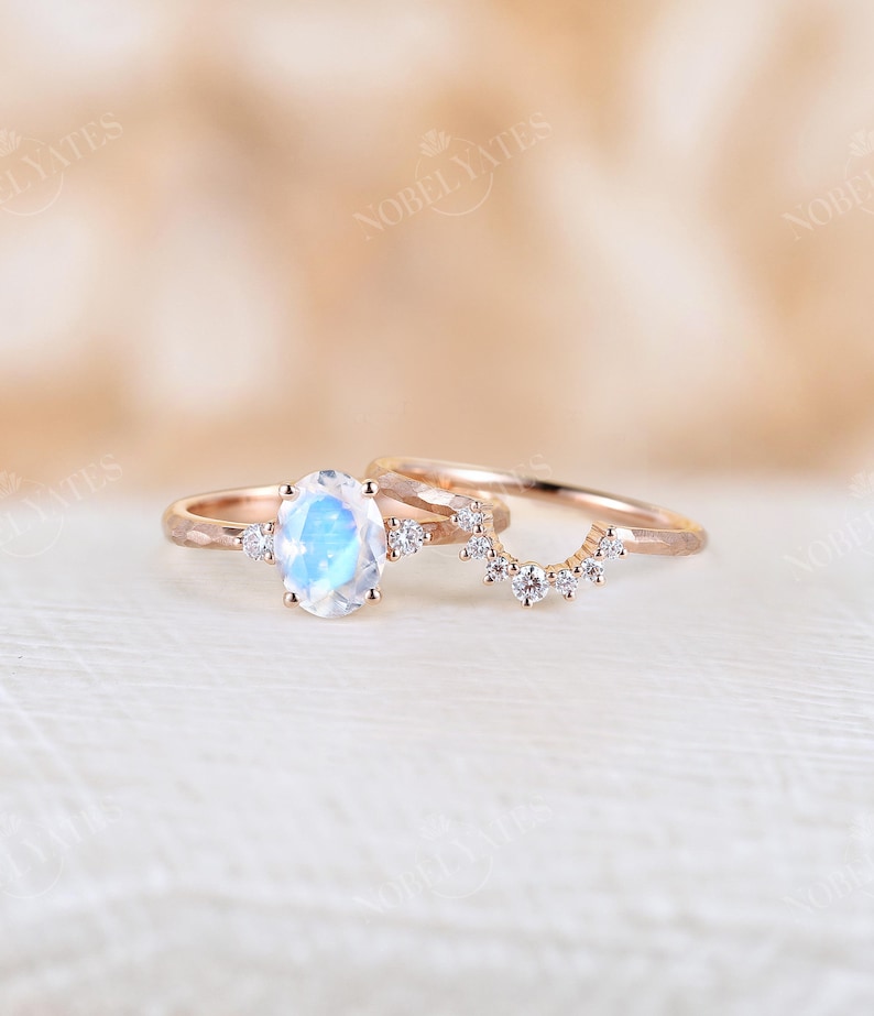 Antique Moonstone engagement ring set Rose gold Unique hammered design bridal ring moissanite curved matching wedding band Promise ring image 7