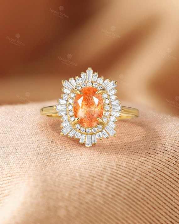 African Sunstone Engagement Ring, Double Halo CZ Ring, 18K Rose Gold Ring, Art Deco Tibetan Sunstone Ring, Custom Gemstone Rings for Women