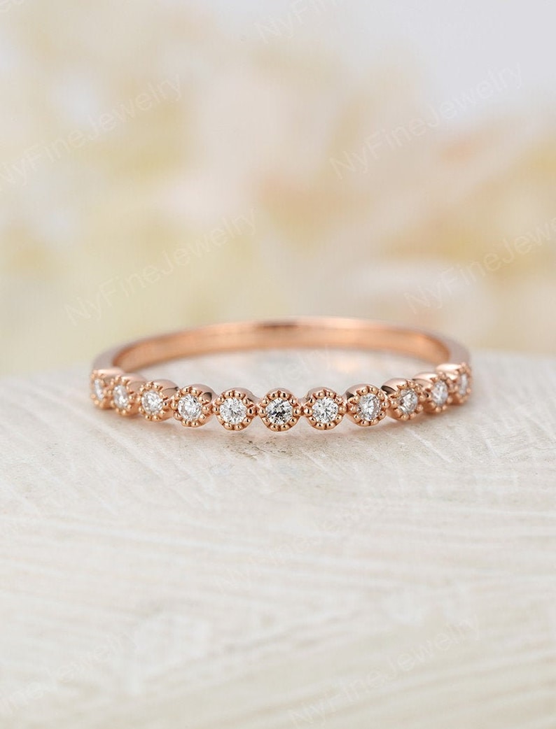 Vintage yellow gold wedding band half eternity band Moissanite ring Delicate stacking Bridal matching milgrain band promise anniversary image 8