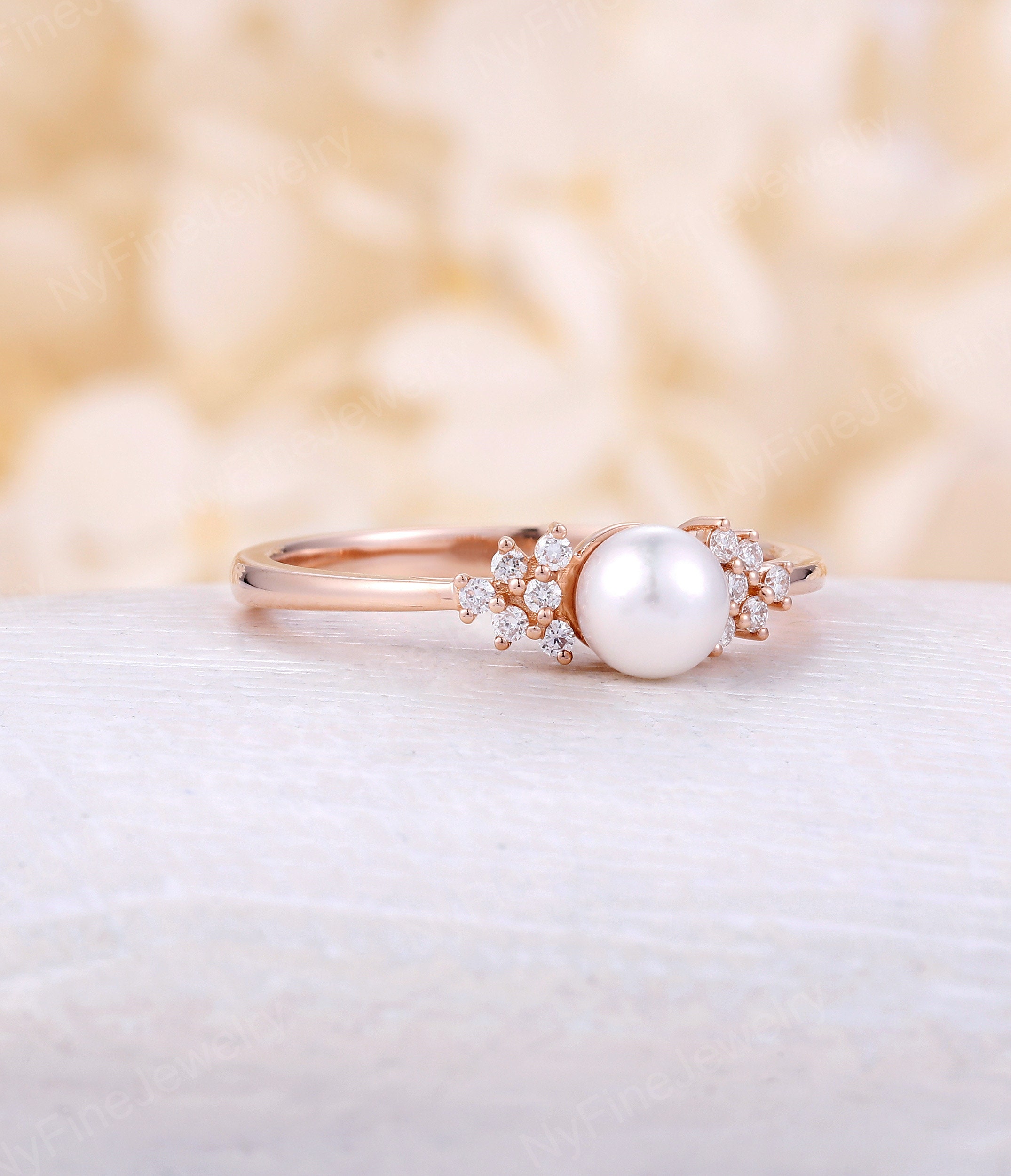 Akoya Pearl Engagement Ring Rose Gold Diamond Cluster | Etsy