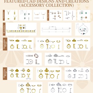 May include: A display of jewelry CAD designs and creations, including necklaces, bracelets, stackable rings, and matching rings. The image features various styles and designs, with measurements and technical drawings. Text on the image reads "FEATURED CAD DESIGNS AND CREATIONS (ACCESSORY COLLECTION)".