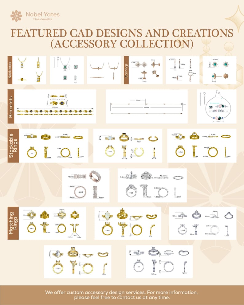 May include: A display of jewelry CAD designs and creations, including necklaces, bracelets, stackable rings, and matching rings. The image features various styles and designs, with measurements and technical drawings. Text on the image reads "FEATURED CAD DESIGNS AND CREATIONS (ACCESSORY COLLECTION)".