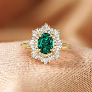 African Sunstone Engagement Ring, Double Halo CZ Ring, 18K Rose Gold Ring, Art Deco Tibetan Sunstone Ring, Custom Gemstone Rings for Women Lab Emerald