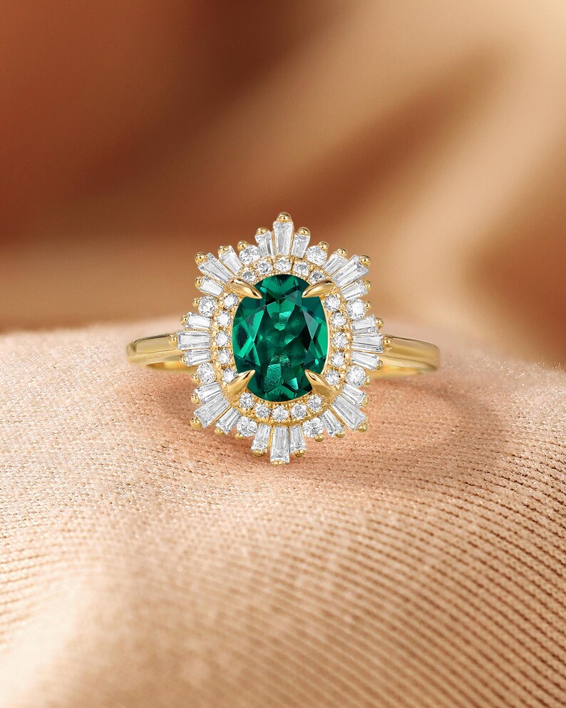 African Sunstone Engagement Ring, Double Halo CZ Ring, 18K Rose Gold Ring, Art Deco Tibetan Sunstone Ring, Custom Gemstone Rings for Women Lab Emerald