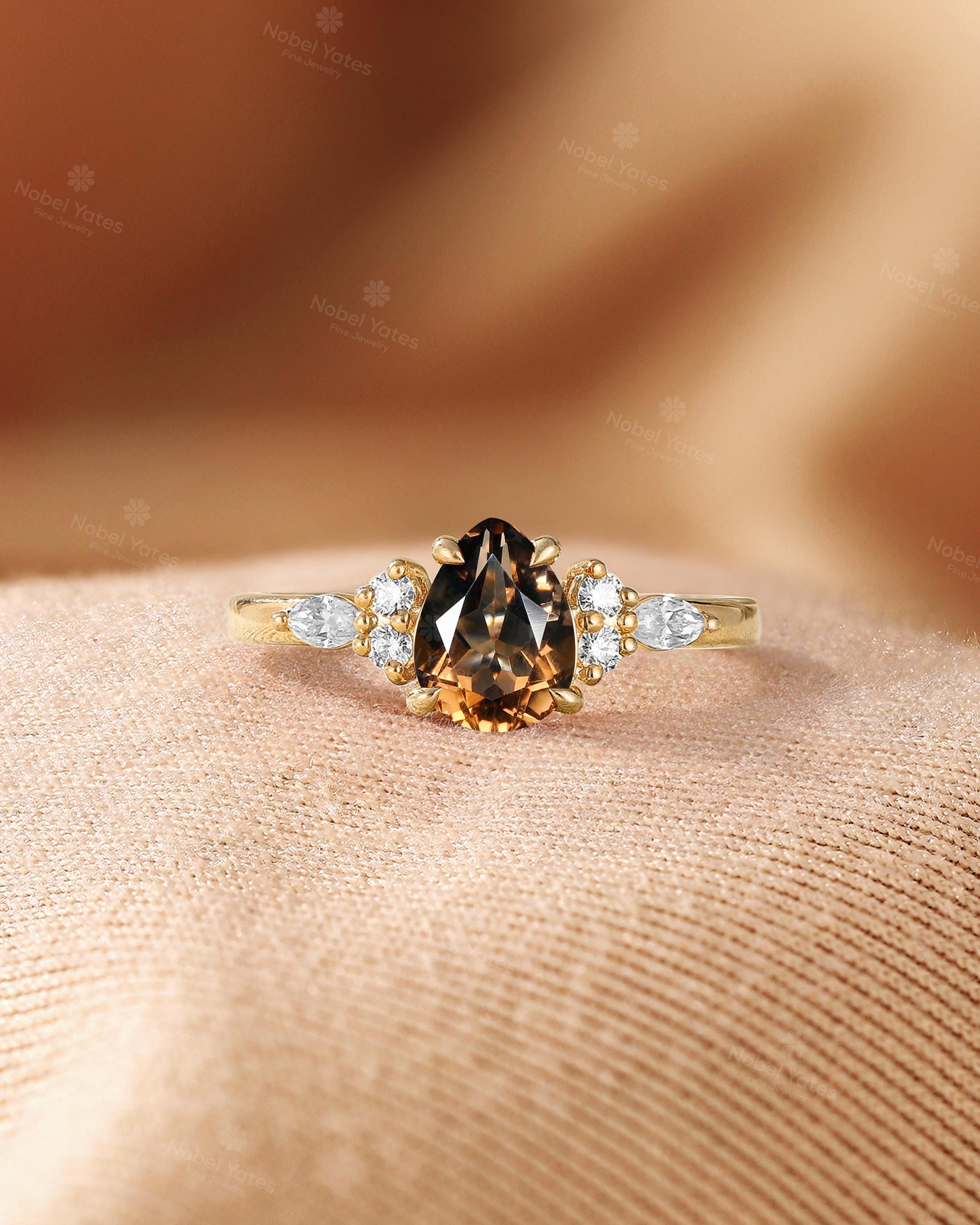 Art Deco Pear Smoky Quartz Engagement Ring, 18K Rose Gold Ring