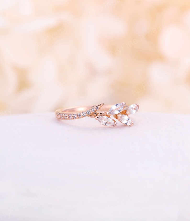 Yellow Gold Wedding Band Art Deco Diamond marquise white sapphire moissanite half eternity band Dainty Stacking Bridal set Anniversary gift
