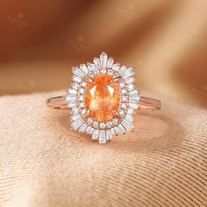 African Sunstone Engagement Ring, Double Halo CZ Ring, 18K Rose Gold Ring, Art Deco Tibetan Sunstone Ring, Custom Gemstone Rings for Women image 7