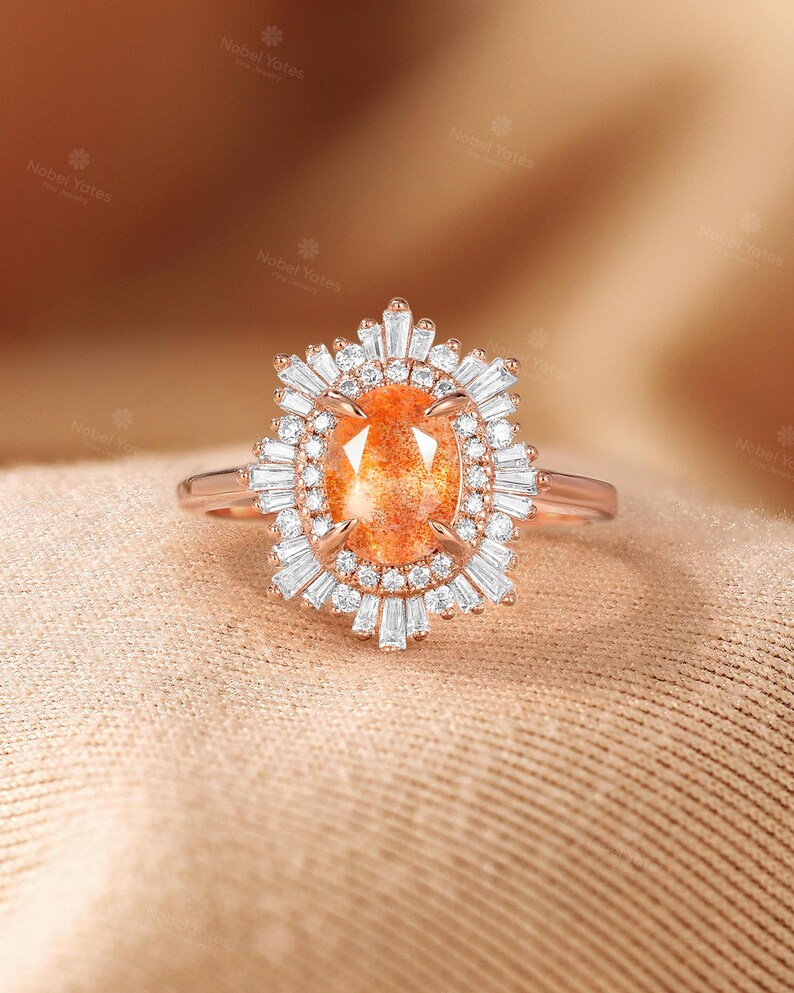 African Sunstone Engagement Ring, Double Halo CZ Ring, 18K Rose Gold Ring, Art Deco Tibetan Sunstone Ring, Custom Gemstone Rings for Women image 7