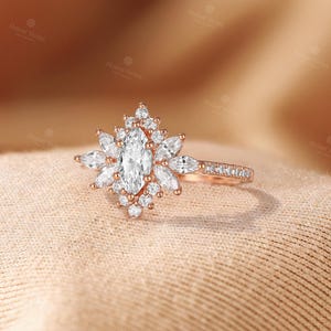 Vintage Marquise Lab-Grown Diamond Engagement Ring Set,Half Eternity Wedding Ring Set,2Pcs 18K Gold Ring,Halo Floral Design Ring Fiancé Ring image 8