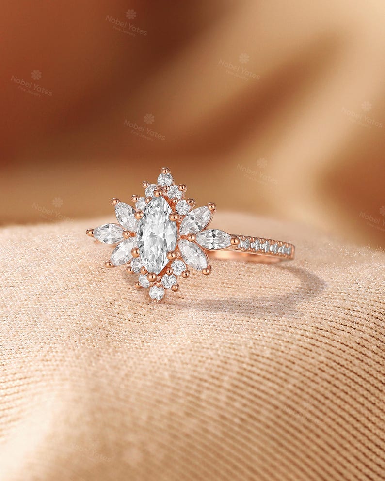 Vintage Marquise Lab-Grown Diamond Engagement Ring Set,Half Eternity Wedding Ring Set,2Pcs 18K Gold Ring,Halo Floral Design Ring Fiancé Ring image 8