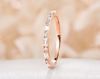 Vintage Baguette & round cut Moissanite wedding band dainty rose gold ring half eternity ring stacking matching ring anniversary bridal band