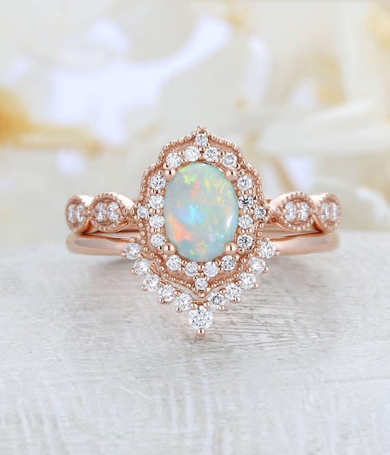 Vintage Opal engagement ring set rose gold Halo diamond art | Etsy
