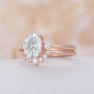 Oval Moissanite Engagement Ring set Rose gold three stones ring curved art deco wedding band unique Bridal Promise ring Anniversary ring image 3