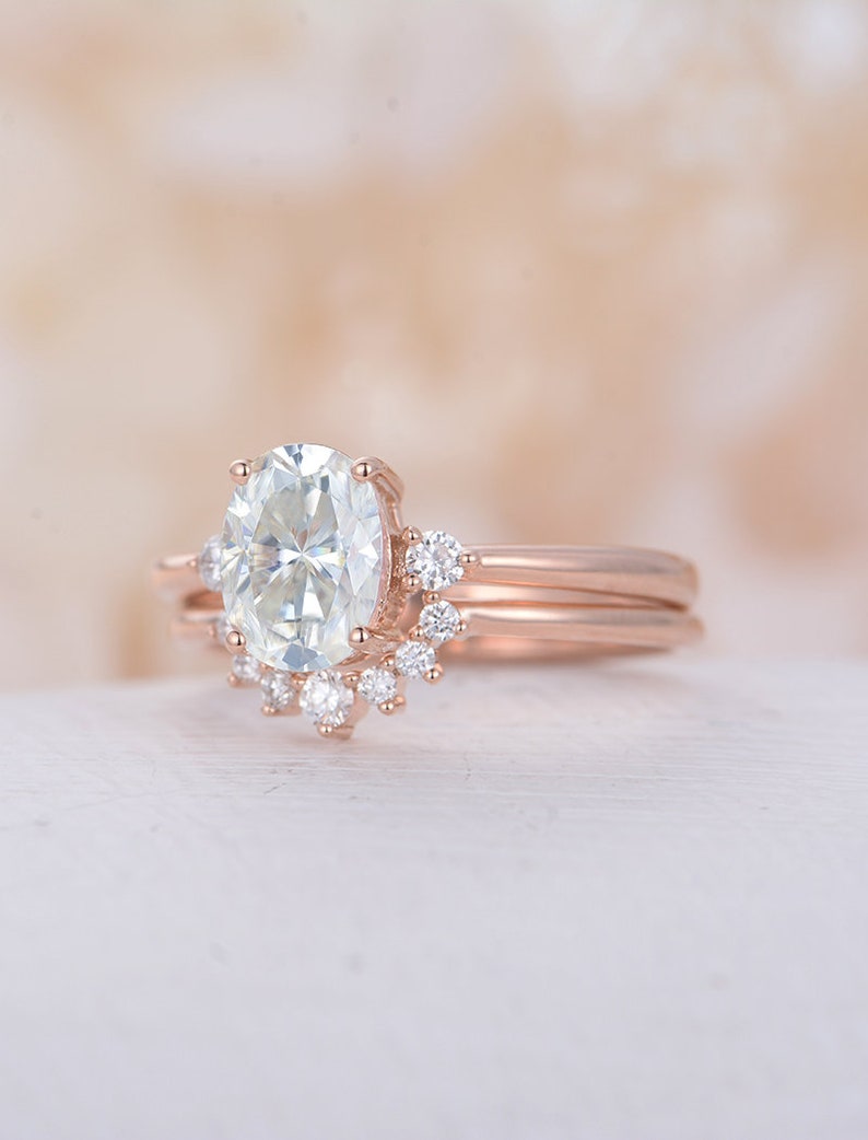 Oval Moissanite Engagement Ring set Rose gold three stones ring curved art deco wedding band unique Bridal Promise ring Anniversary ring image 3