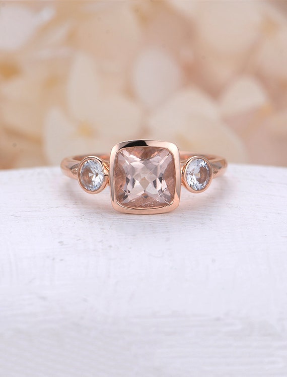 Cushion cut Morganite engagement ring rose gold White sapphire | Etsy