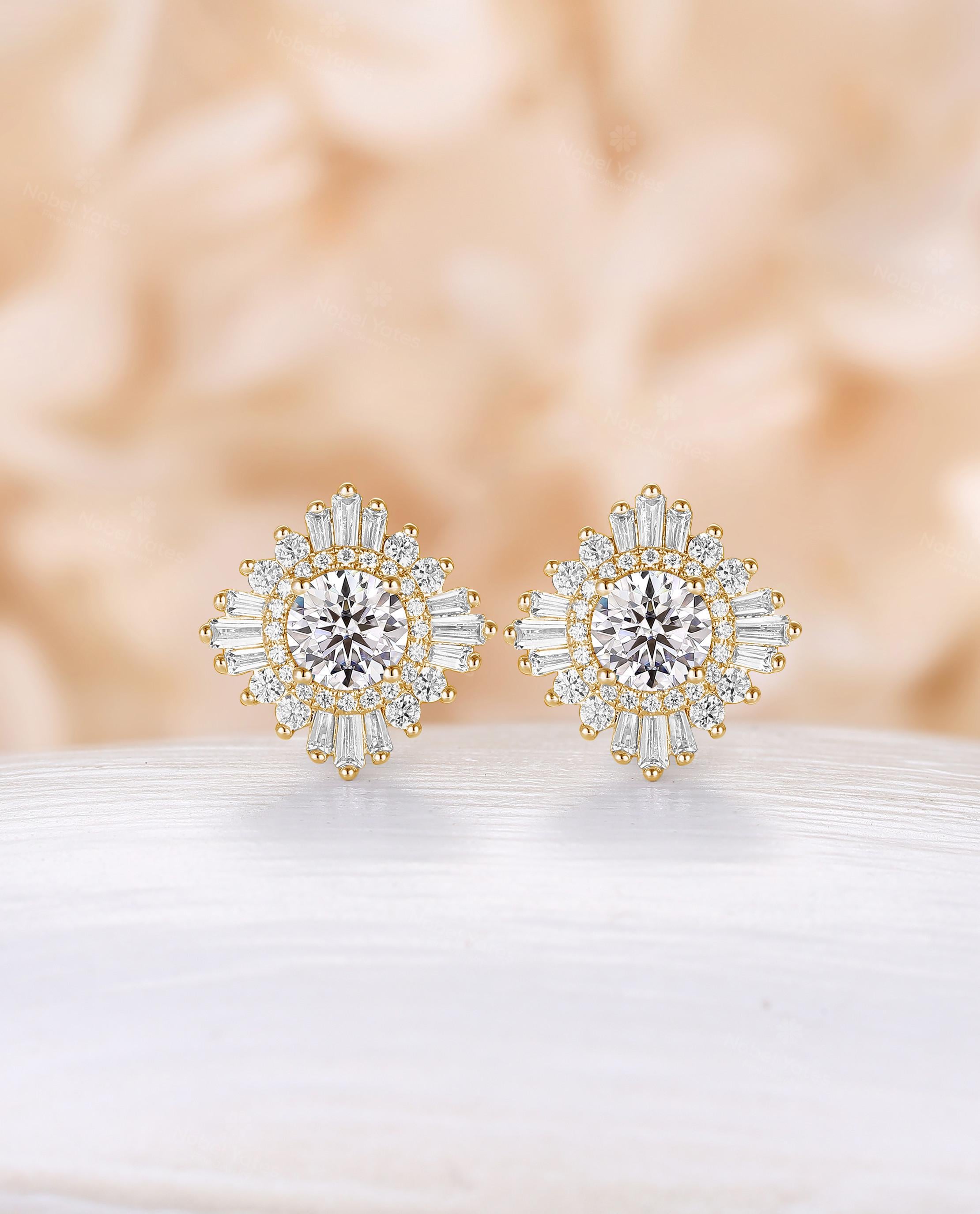 Art Deco Round Moissanite Stud Earrings, CZ Double Halo Design Stud Earrings, Handmade 10K Gold Bridal Earrings, Mother's Day Gift For Her