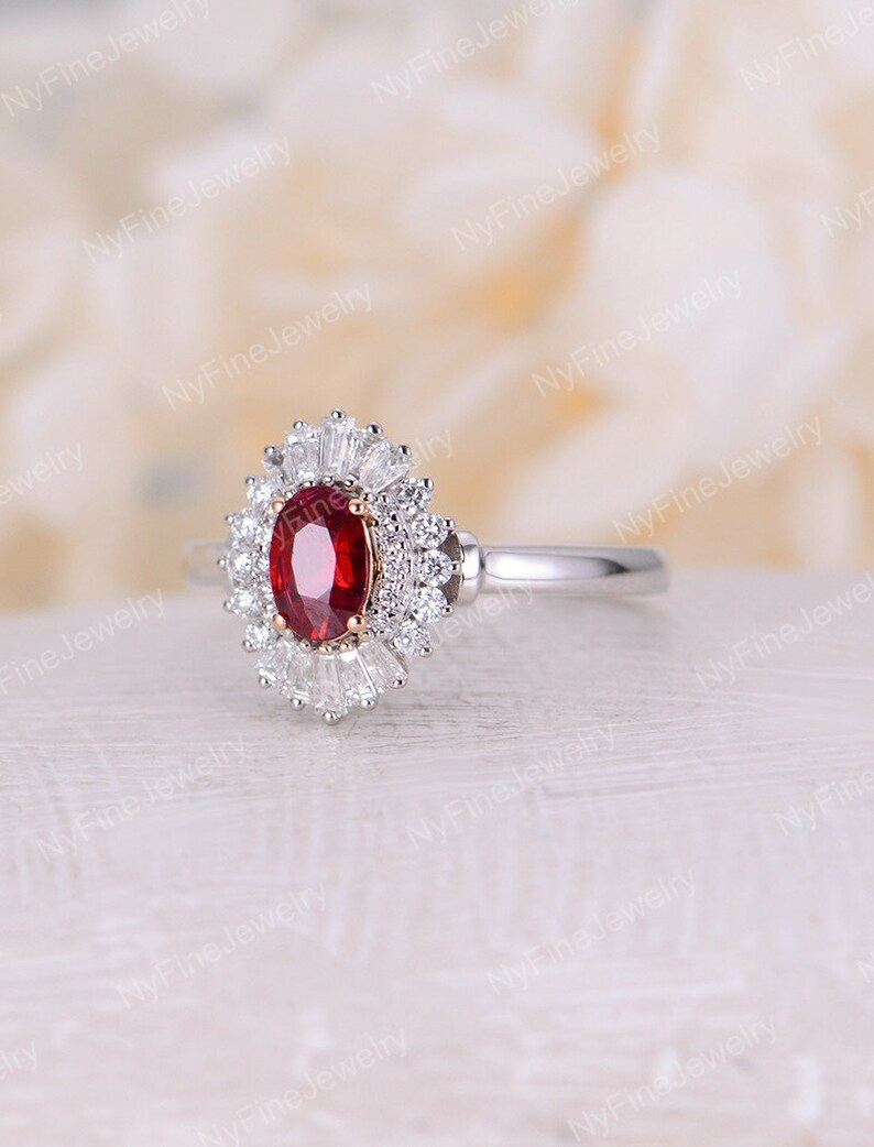 Ruby Engagement Ring Woman Oval Shaped White Gold Vintage Etsy